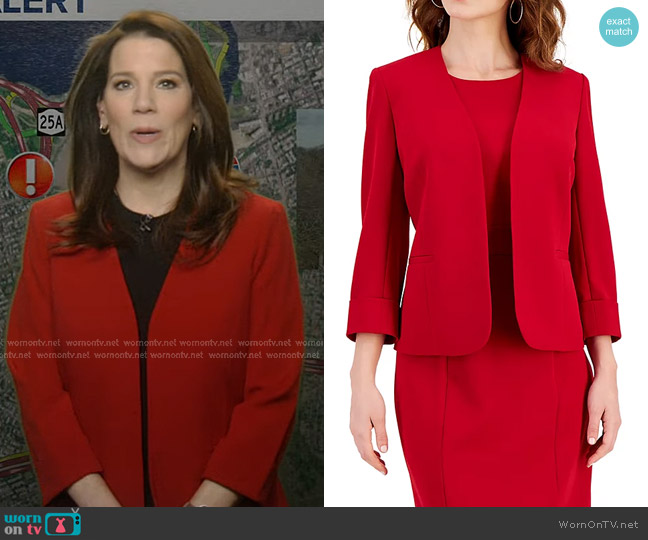 Kasper Rolled Cuff Knit Blazer in Fire Red worn by Heather O’Rourke on Good Morning America