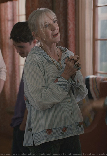 Paula’s striped floral print top on Sweet Magnolias