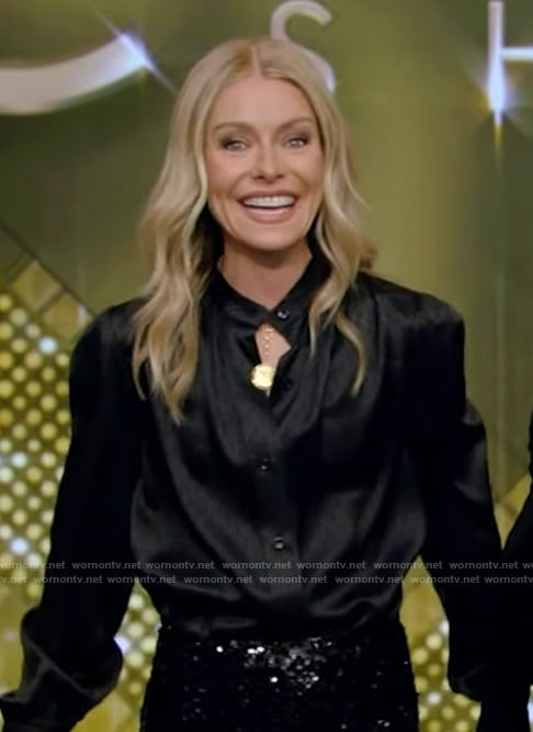 Kelly’s black satin blouse on Live with Kelly and Mark