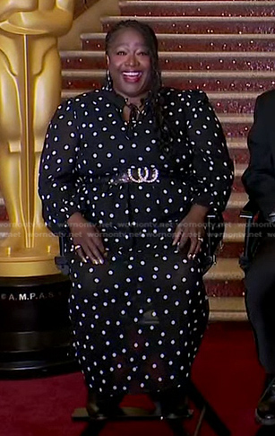 Kelley Carter’s black polka dot tie neck dress on Good Morning America