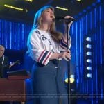 Kelly’s white dreamer shirt and denim skirt on The Kelly Clarkson Show