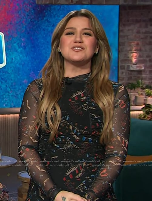 Kelly’s black floral print mesh dress on The Kelly Clarkson Show