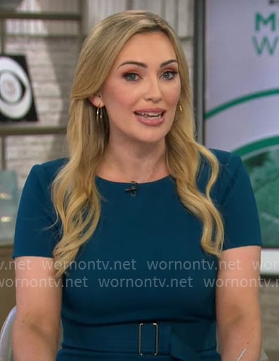 Kelly O’Grady’s teal short sleeve dress on CBS Mornings