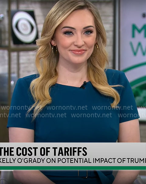 Kelly O’Grady’s teal short sleeve dress on CBS Mornings