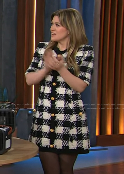 Kelly’s gingham tweed check dress on The Kelly Clarkson Show