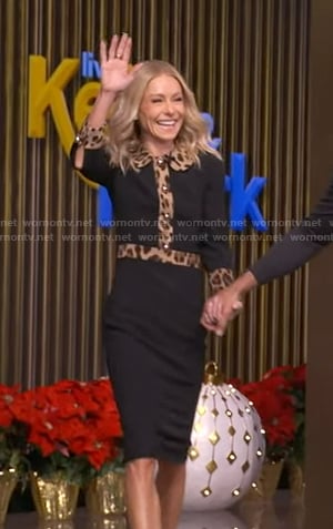 Kelly’s black dress with leopard trim on Live with Kelly and Ryan