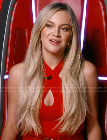 Kelsea Ballerini’s red halter neck top and wide-leg pants on The Voice