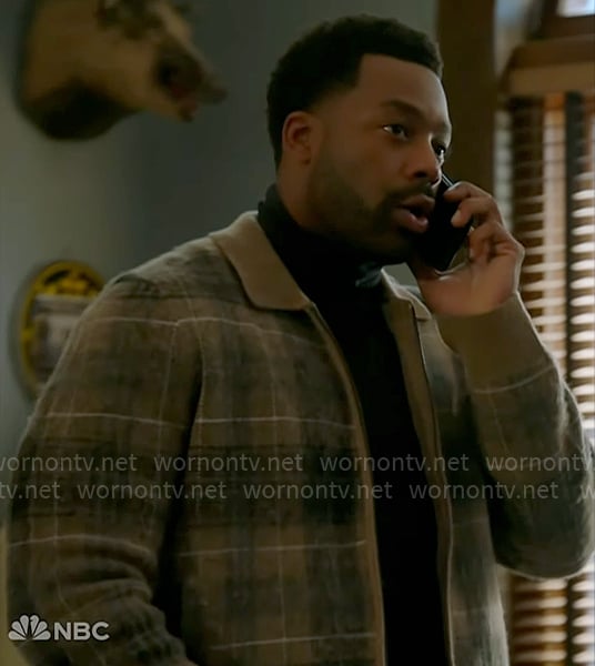 Kevin’s beige plaid zip up cardigan on Chicago PD