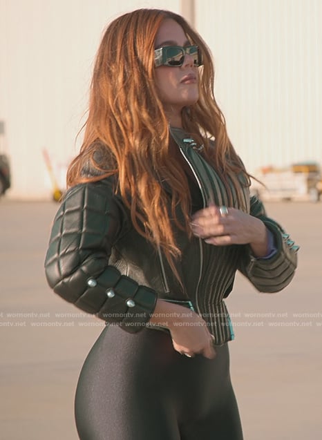 Khloe’s black leather moto jacket on The Kardashians