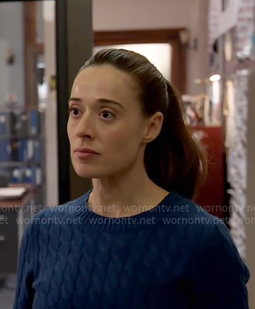 Kim’s blue cable knit sweater on Chicago PD