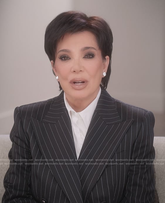 Kris’s black pinstripe confessional blazer on The Kardashians
