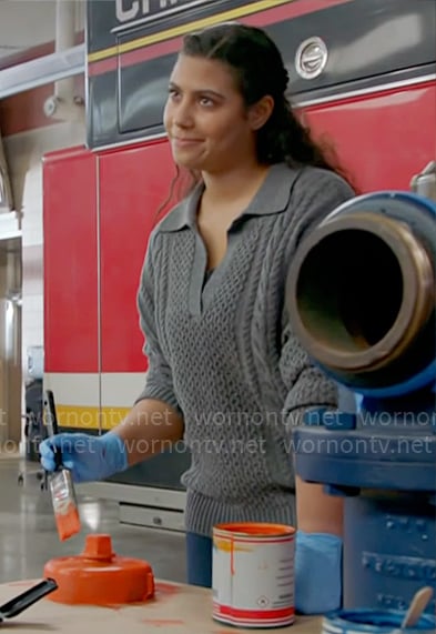 Kylie’s grey cable-knit polo sweater on Chicago Fire