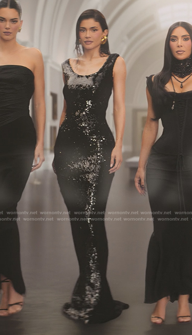 Kylie’s black sequin opening scene dress on The Kardashians