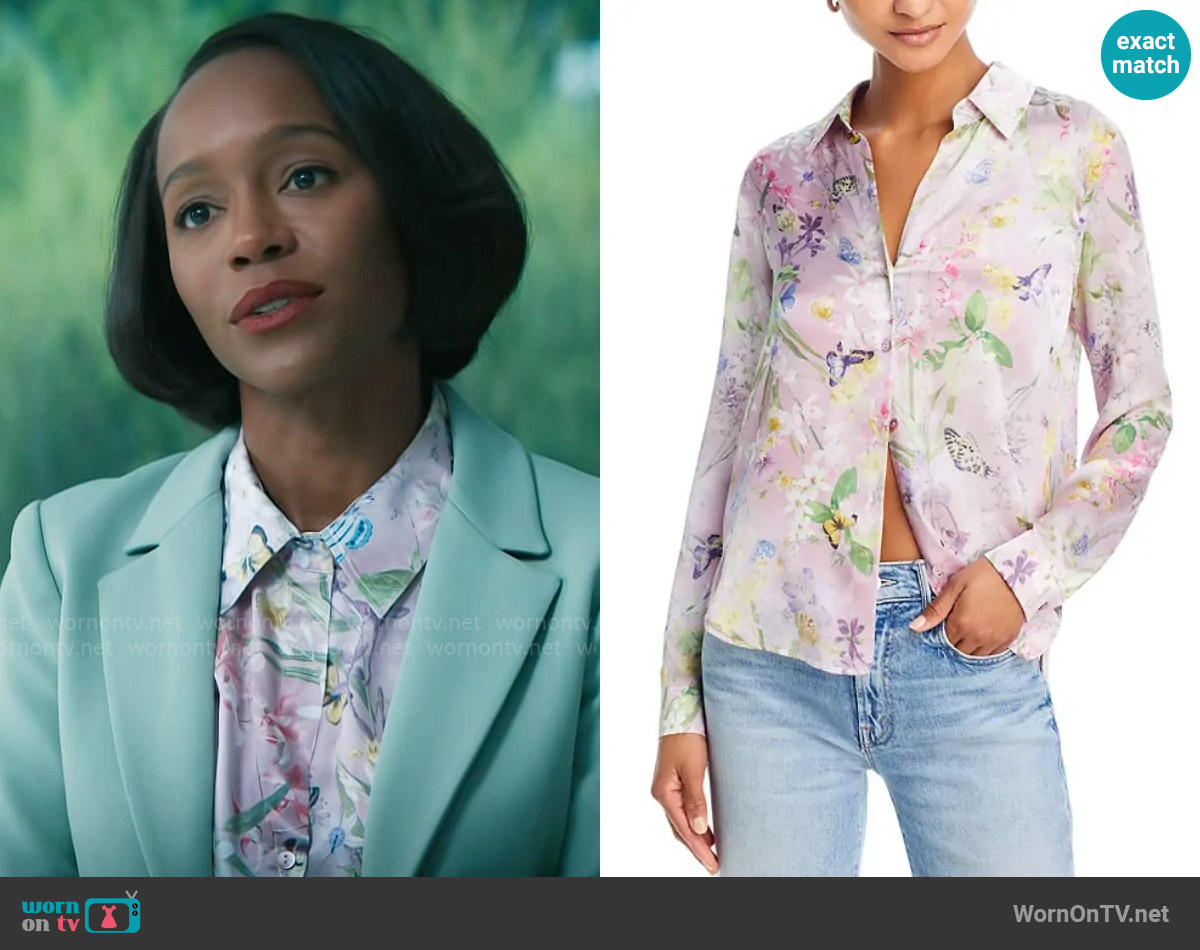 L'Agence Tyler Blouse in Lilac Snow Butterfly worn by Catherine (Aja Naomi King) on Grosse Pointe Garden Society