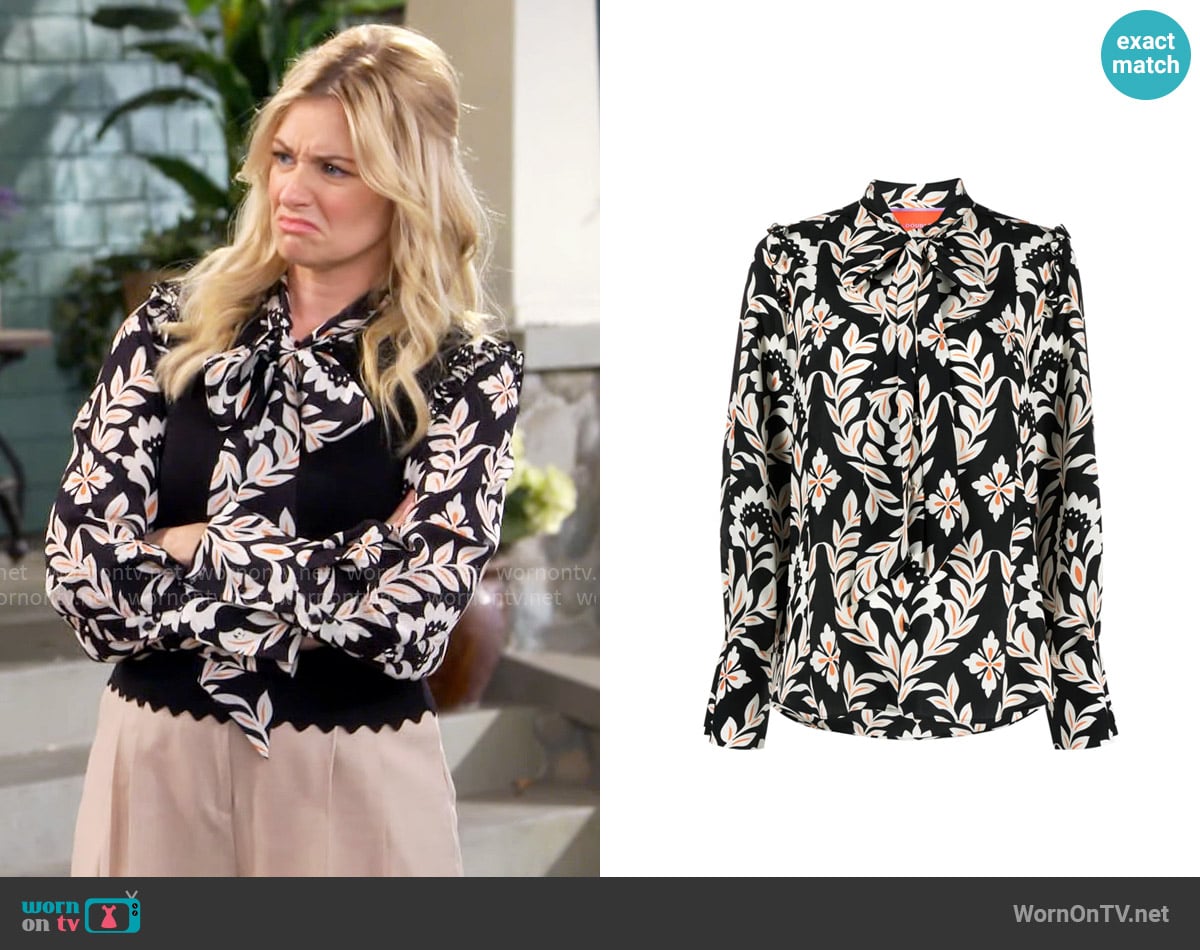 La DoubleJ Ascot Shirt in Ghirlanda Black worn by Gemma (Beth Behrs) on The Neighborhood