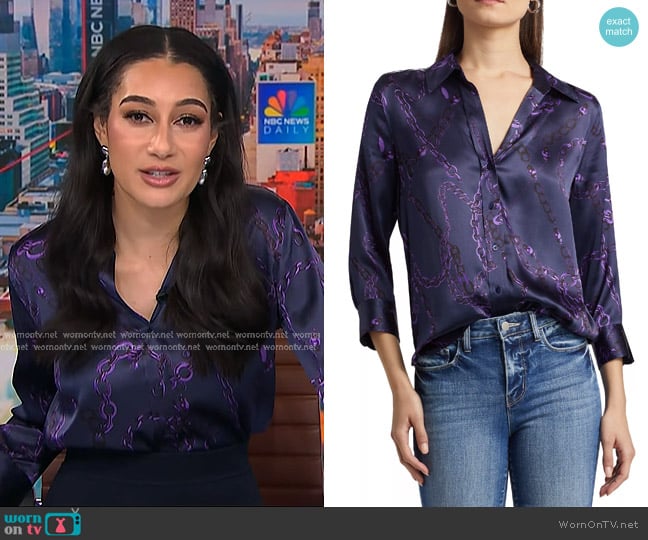 L'Agence Dani Silk Blouse in Midnight Purple Sketch Chain worn by Morgan Radford on NBC News Daily