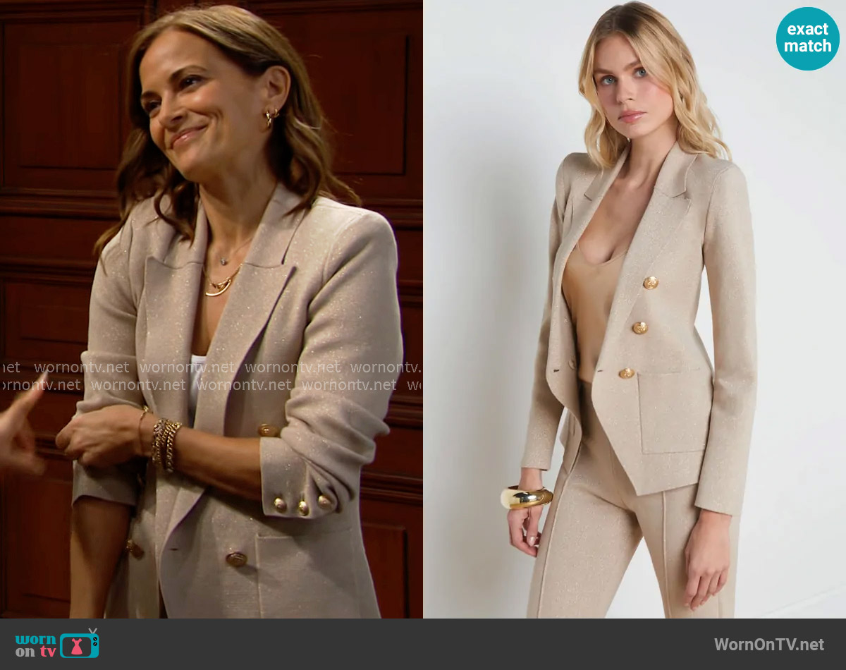 L'Agence Kenzie Metallic Double Breasted Knit Blazer in Pale Khaki worn by Taylor Hayes (Rebecca Budig) on The Bold and the Beautiful