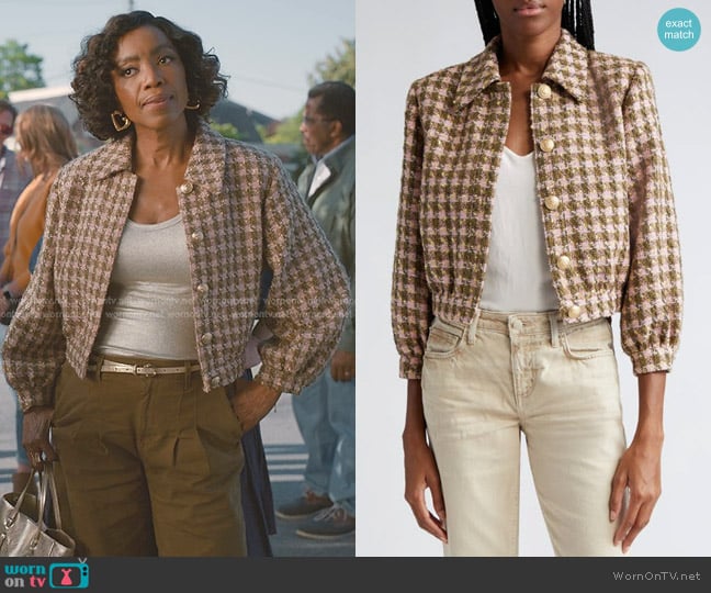L'Agence Bridges Cropped Metallic Tweed Jacket in Army Pink Multi worn by Helen Decatur (Heather Headley) on Sweet Magnolias