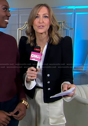 Lara’s black tweed blazer and white satin cargo pants on Good Morning America