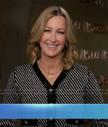 Lara’s black sequin diagonal stripe cardigan on Good Morning America