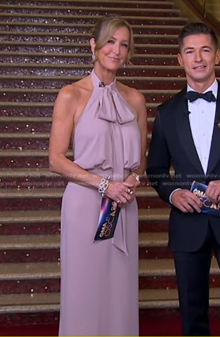 Lara’s pink beige tie neck dress on Good Morning America