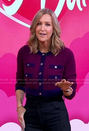 Lara’s purple contrast trim cardigan on Good Morning America