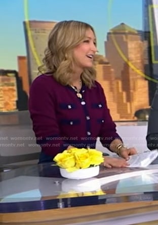 Lara’s purple contrast trim cardigan on Good Morning America