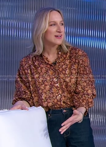 Lauren Iannotti’s brown floral blouse on Good Morning America