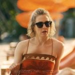 Laurie’s red palm print strapless dress on The White Lotus