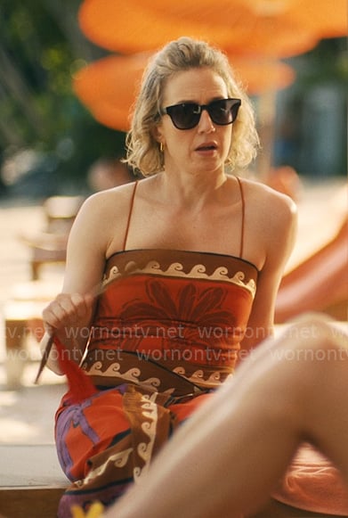 Laurie’s red palm print strapless dress on The White Lotus