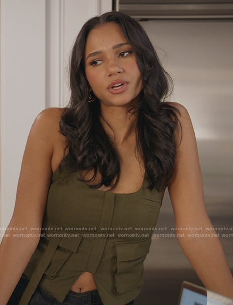Layla’s green utility halter top on All American