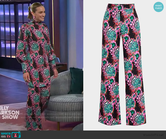 Libertine Acid Trip Flared Trumpet Pants worn by Brianne Howey on The Kelly Clarkson Show
