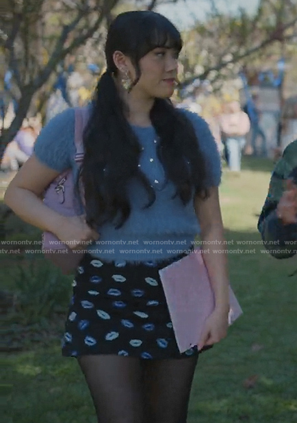 Lily’s black lip print mini skirt on Sweet Magnolias