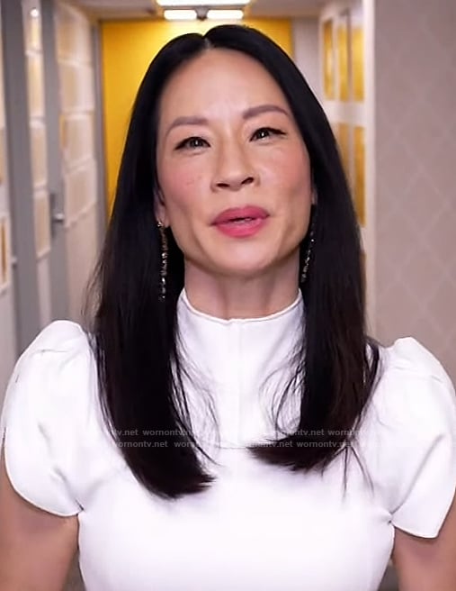 Lucy Liu’s white puff sleeve top on The Drew Barrymore Show