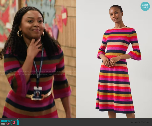 LK Bennett Alice Pink Multi Stripe Metallic Knit Frill Dress worn by Janine Teagues (Quinta Brunson) on Abbott Elementary