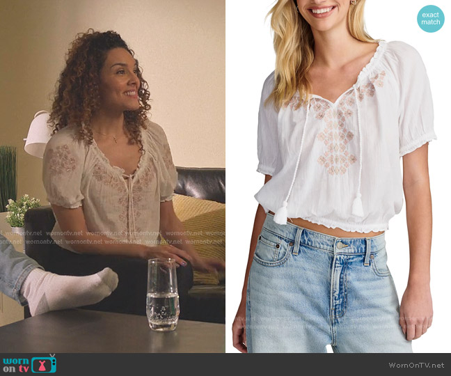 Lucky Brand Embroidered Cotton Peasant Top worn by Carmen Diaz (Vanessa Rubio) on Cobra Kai