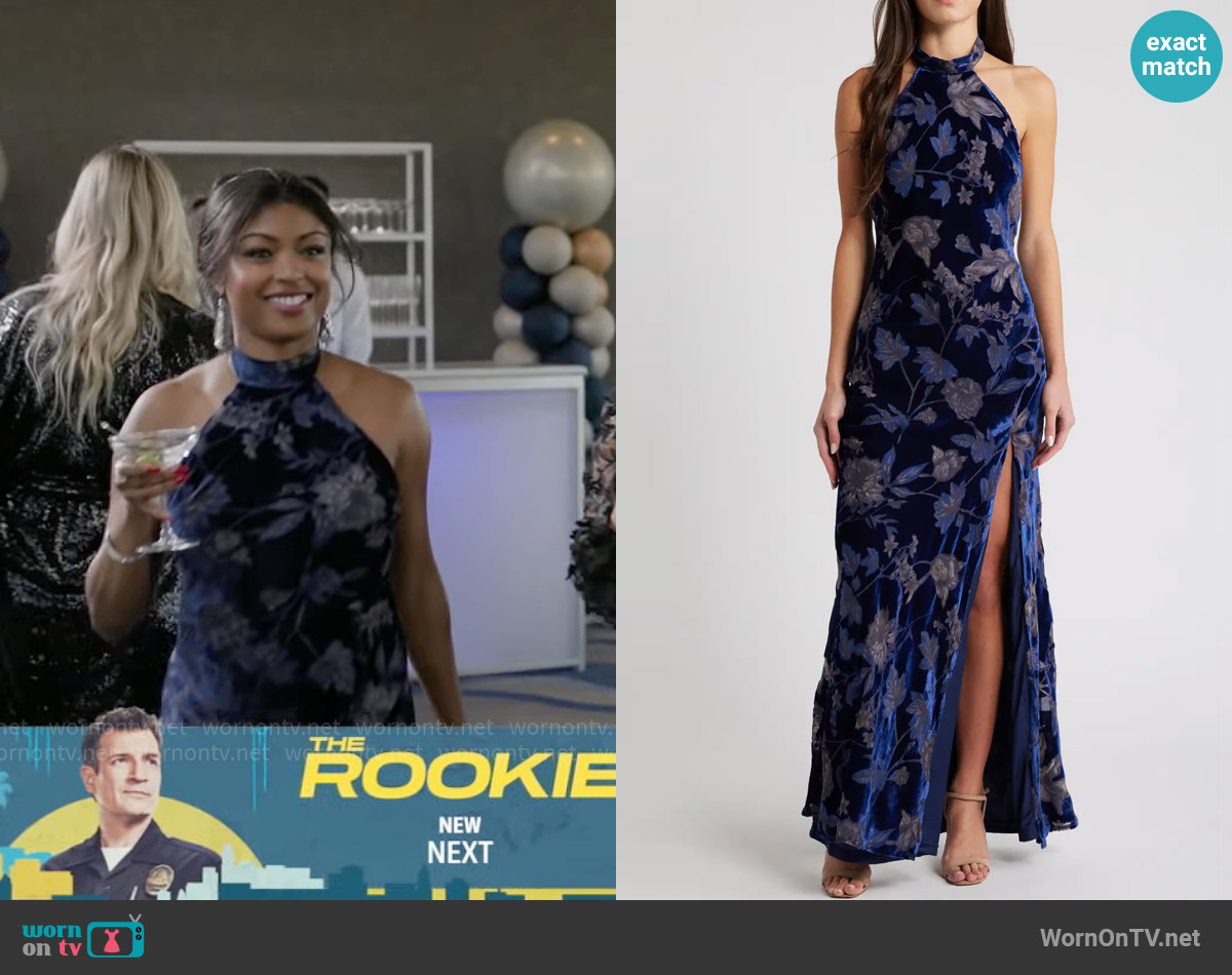 Lulus Dreamy Blossom Burnout Velvet Halter Gown worn by Daphne (Javicia Leslie) on High Potential