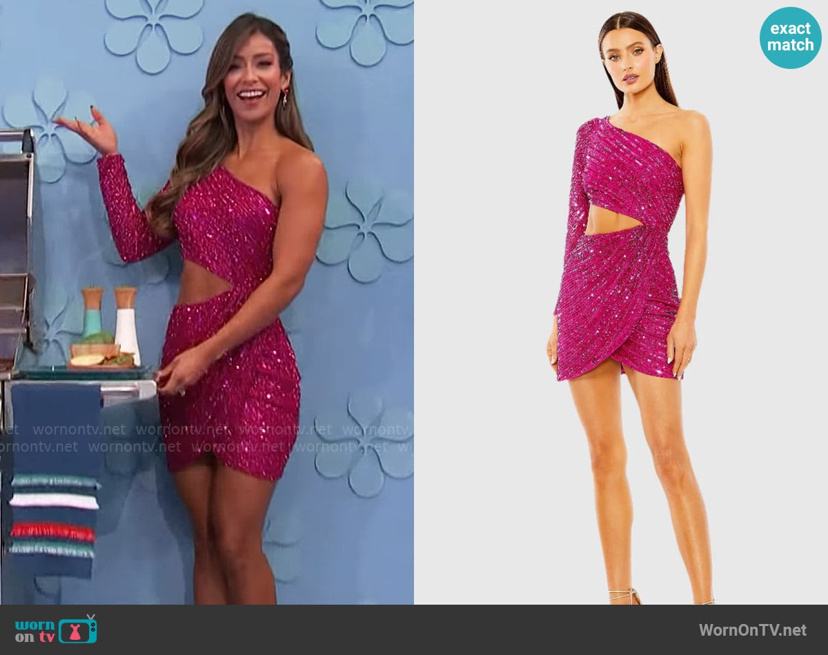 Mac Duggal One Sleeve Cut-Out Draped Front Beaded Mini Dress worn by Rachel Reynolds on The Price is Right