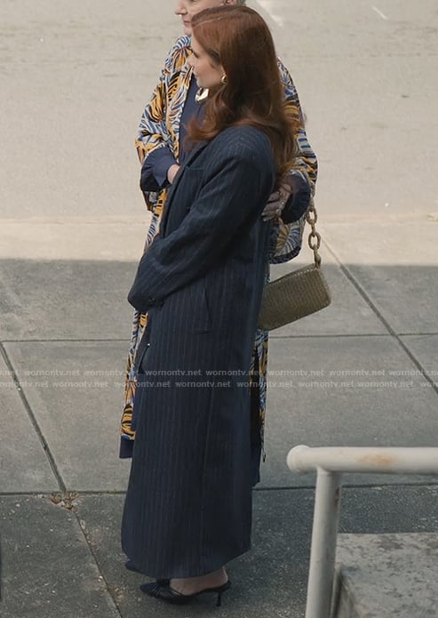 Maddie’s navy pinstripe coat on Sweet Magnolias