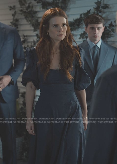 Maddie’s navy square neck dress on Sweet Magnolias