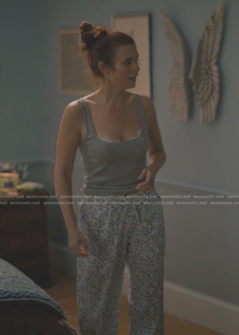 Maddie’s blue floral print pants on Sweet Magnolias