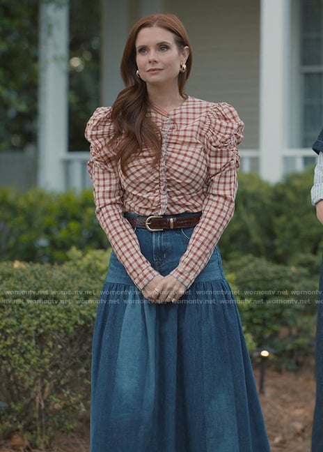 Maddie’s orange check print puff sleeve top on Sweet Magnolias