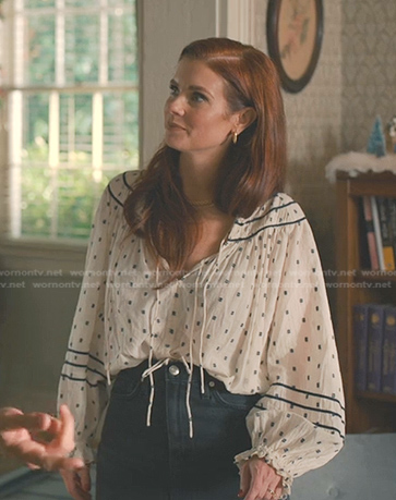 Maddie’s white print tie neck blouse on Sweet Magnolias