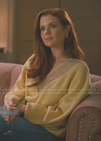 Maddie’s yellow embellished v-neck sweater on Sweet Magnolias