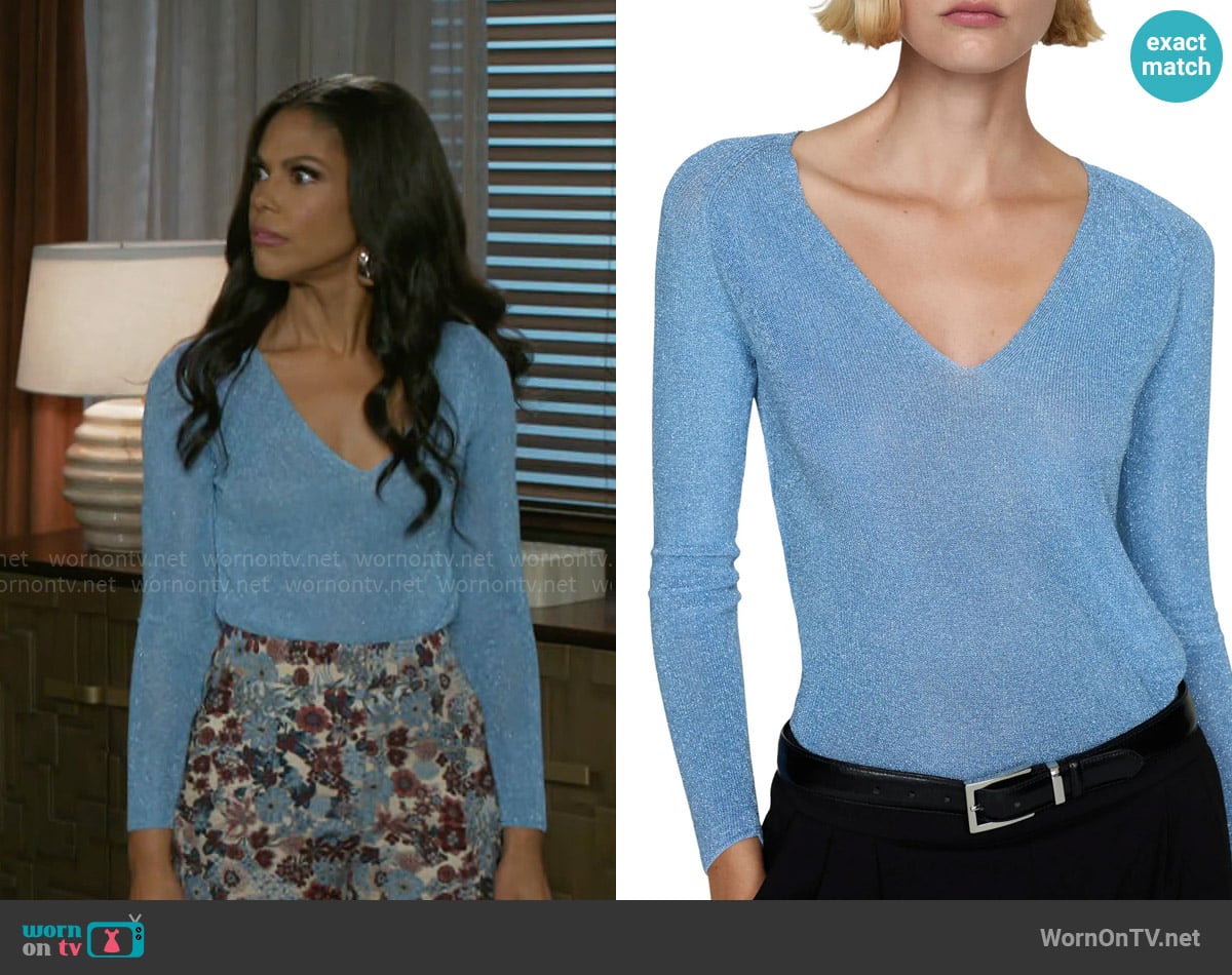 Mango Shimmer V-Neck Sweater in Sky Blue worn by Dani Dupree (Karla Mosley) on Beyond the Gates