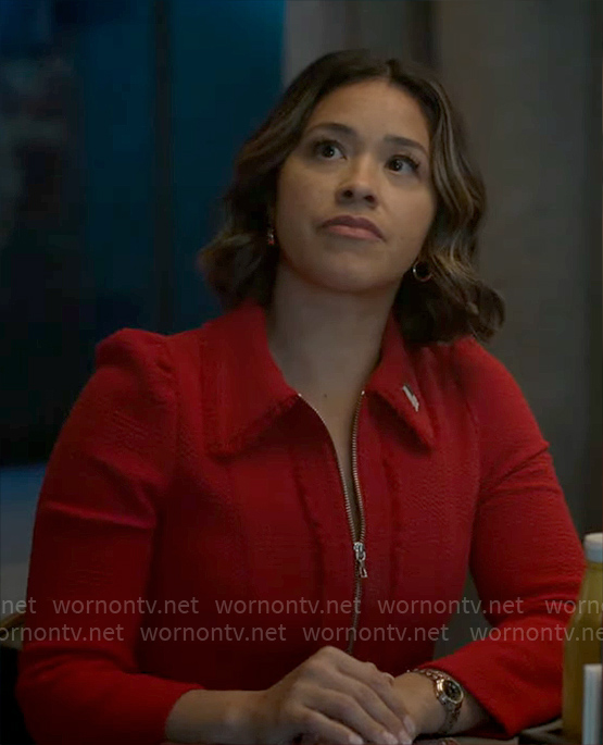 Marion’s red tweed zip front dress on Will Trent