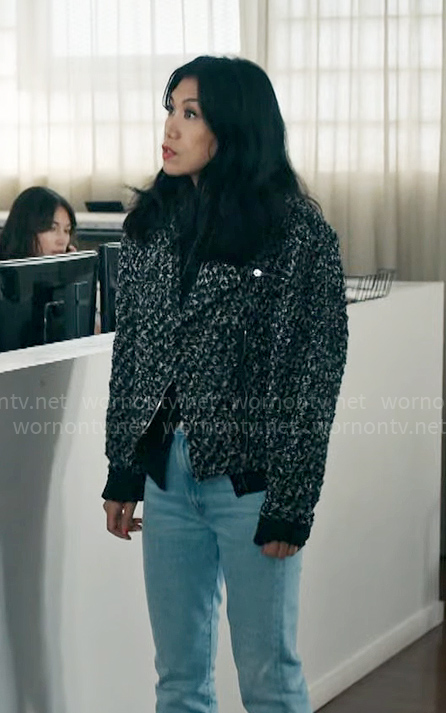 Mel’s black and white tweed jacket on The Equalizer