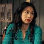 Mel’s teal green ribbed polo top on The Equalizer