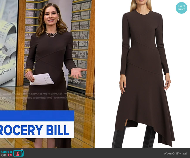 Michael Kors Collection Wool Handkerchief Midi-Dress in Chocolate worn by Rebecca Jarvis on Good Morning America
