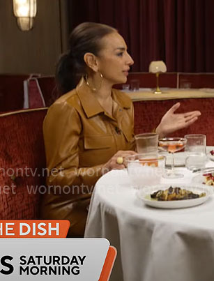 Michelle Miller’s light brown leather shirtdress on CBS Mornings